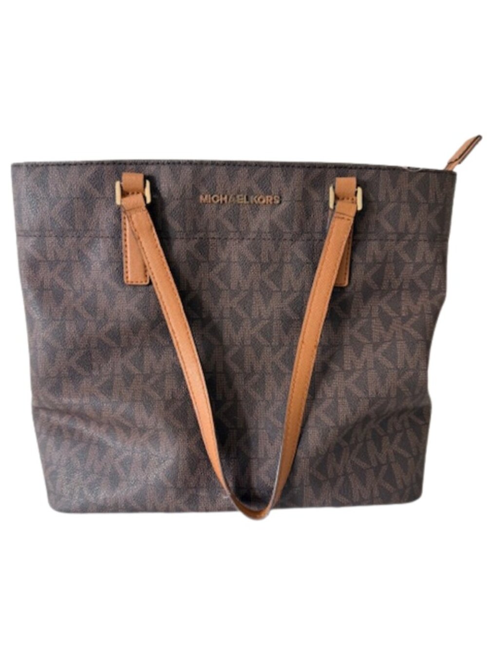 Michael Kors Jet Set Travel Tote Brown MK Monogram Leather Shoulder Bag